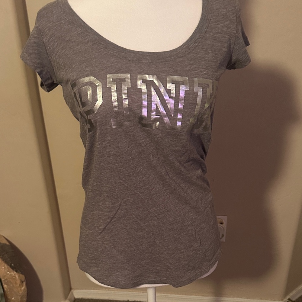 PINK Victoria's Secret Gray Tee with Silver Logo